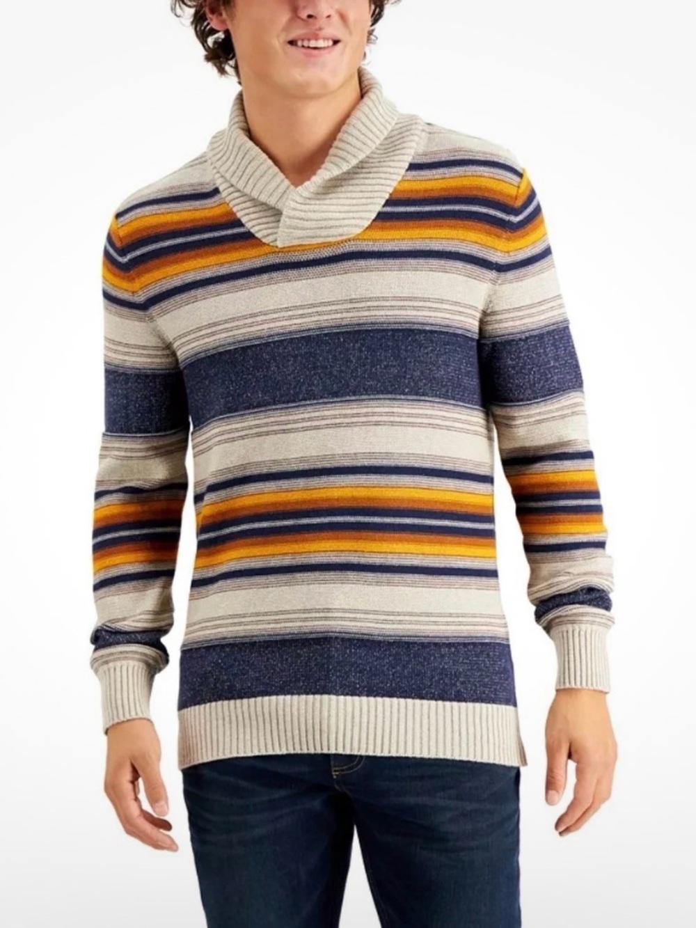 Sun + Stone Mens Shawl Collar Striped Cotton Knit Sweater Navy Yellow Grey M